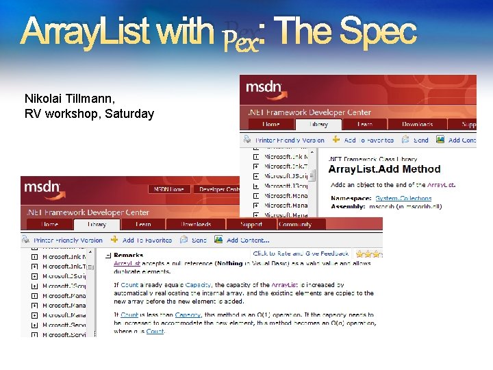 Array. List with Pex: The Spec Nikolai Tillmann, RV workshop, Saturday 