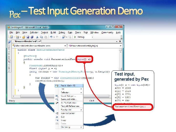 Pex – Test Input Generation Demo Test input, generated by Pex 35 