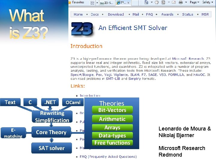 What is Z 3? Text C . NET OCaml Rewriting Simplification E- matching Core
