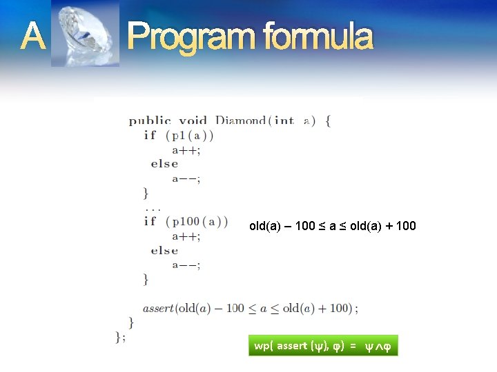 A Program formula old(a) – 100 ≤ a ≤ old(a) + 100 wp( assert