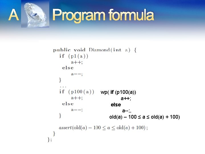 A Program formula wp( if (p 100(a)) a++; else a--; , old(a) – 100