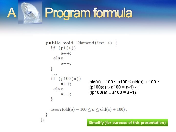 A Program formula old(a) – 100 ≤ a 100 ≤ old(a) + 100 (p