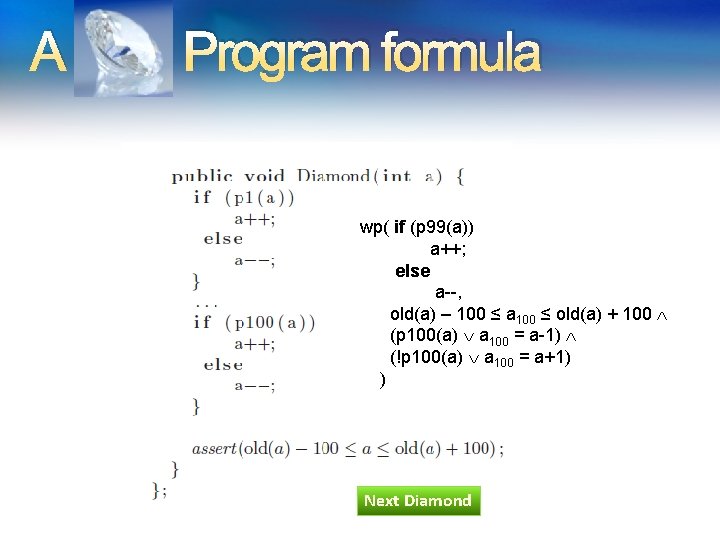 A Program formula wp( if (p 99(a)) a++; else a--, old(a) – 100 ≤