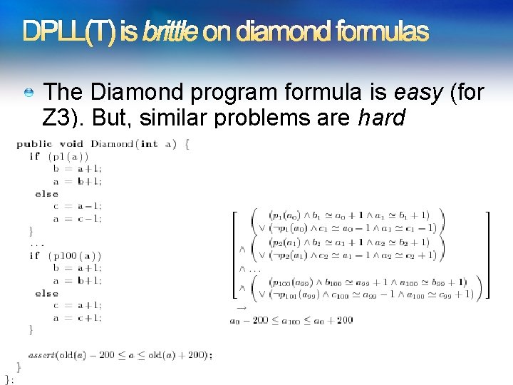 DPLL(T) is brittle on diamond formulas The Diamond program formula is easy (for Z