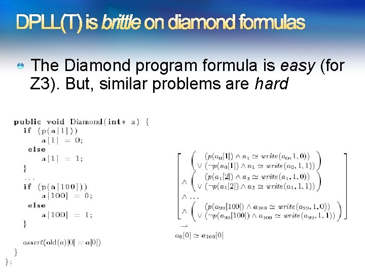 DPLL(T) is brittle on diamond formulas The Diamond program formula is easy (for Z