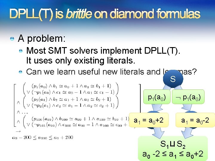 DPLL(T) is brittle on diamond formulas A problem: Most SMT solvers implement DPLL(T). It