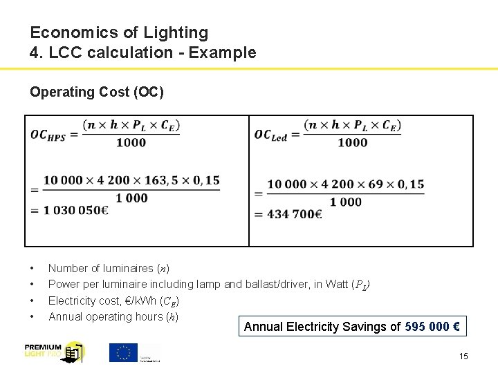 Economics of Lighting 4. LCC calculation - Example Operating Cost (OC) • • Number