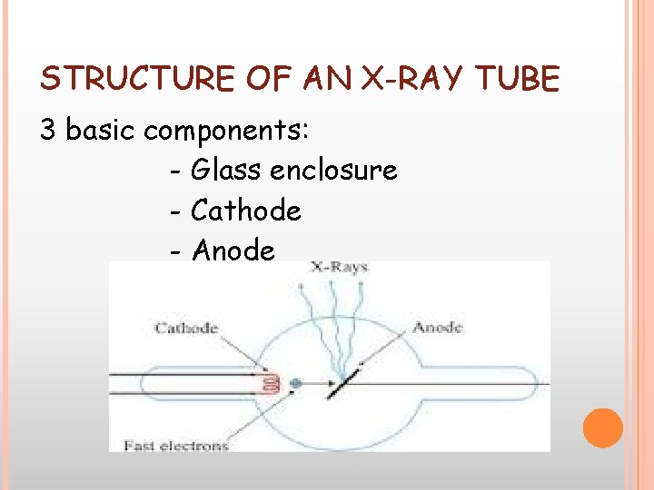 STRUCTURE OF AN X-RAY TUBE 3 basic components: - Glass enclosure - Cathode - STRUCTURE OF AN X-RAY TUBE 3 basic components: - Glass enclosure - Cathode -