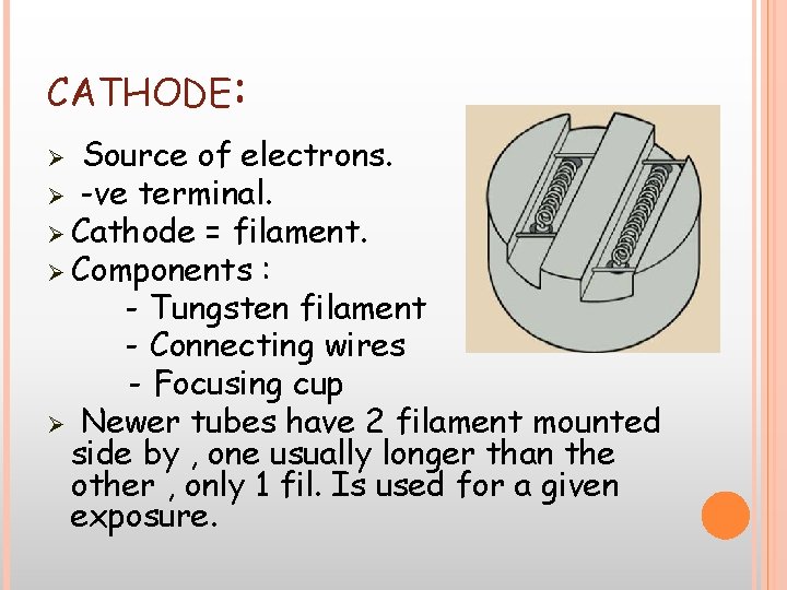 CATHODE: Source of electrons. Ø -ve terminal. Ø Cathode = filament. Ø Components : CATHODE: Source of electrons. Ø -ve terminal. Ø Cathode = filament. Ø Components :