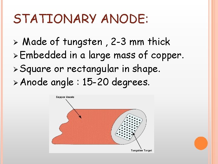 STATIONARY ANODE: Made of tungsten , 2 -3 mm thick Ø Embedded in a