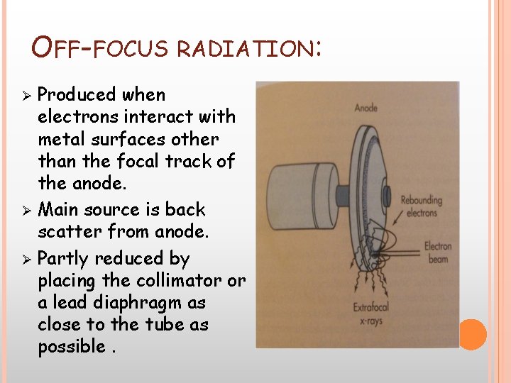 OFF-FOCUS RADIATION: Produced when electrons interact with metal surfaces other than the focal track OFF-FOCUS RADIATION: Produced when electrons interact with metal surfaces other than the focal track