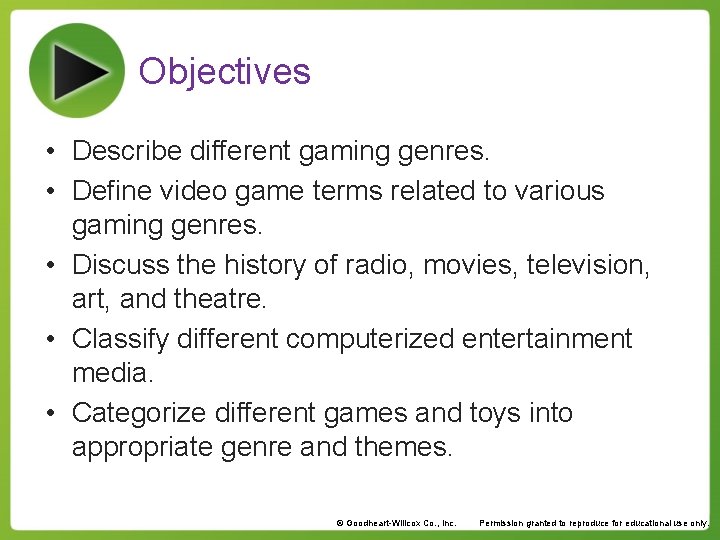 Objectives • Describe different gaming genres. • Define video game terms related to various