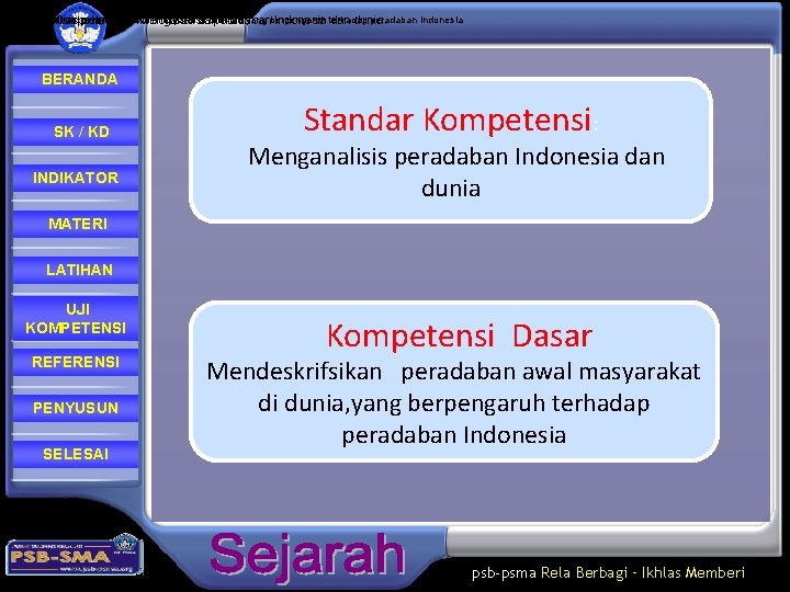 Mengidentifikasi peradaban masyarakat diperadaban dunia yang berpengaruh peradaban Indonesia Menganalisis Standar Kompetensi: peradaban 2.