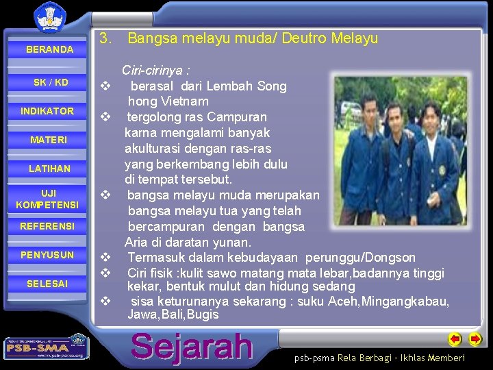 BERANDA SK / KD INDIKATOR 3. Bangsa melayu muda/ Deutro Melayu v v MATERI