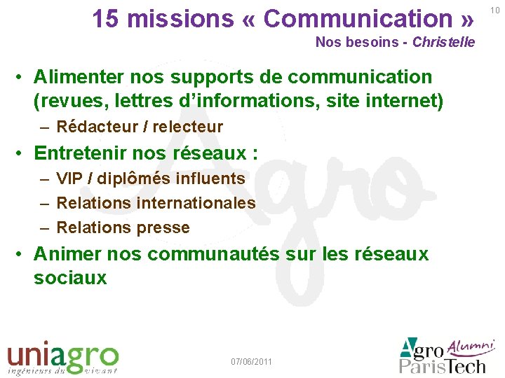 15 missions « Communication » Nos besoins - Christelle • Alimenter nos supports de