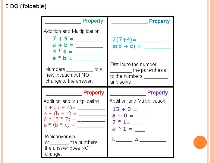 I DO (foldable) ____________ Property Addition and Multiplication 7 a 4 a + 9