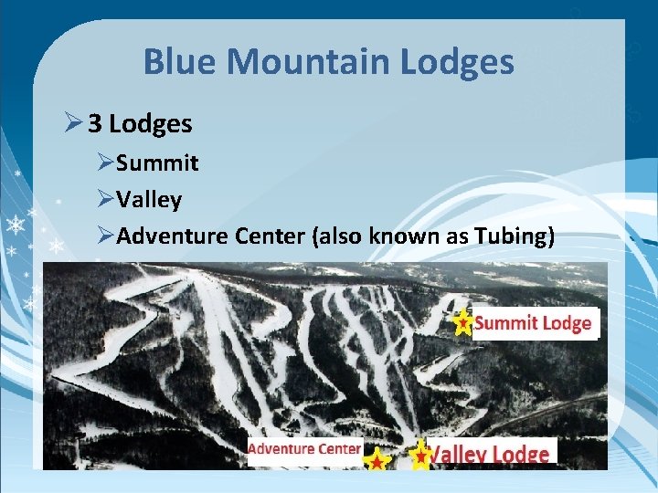 Blue Mountain Lodges Ø 3 Lodges ØSummit ØValley ØAdventure Center (also known as Tubing)