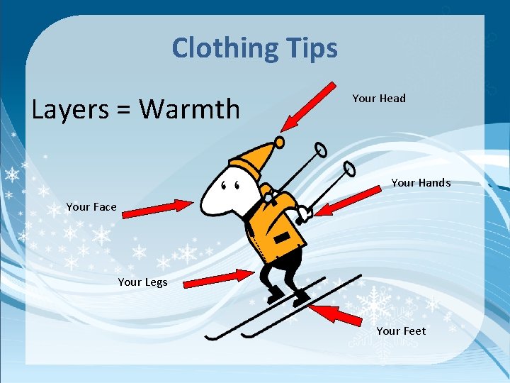 Clothing Tips Layers = Warmth Your Head Your Hands Your Face Your Legs Your