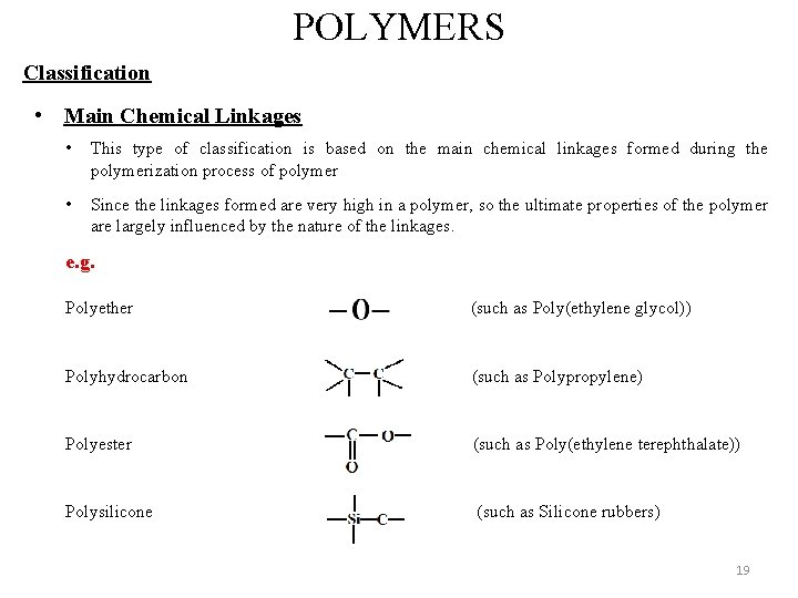 POLYMERS Classification • Main Chemical Linkages • This type of classification is based on