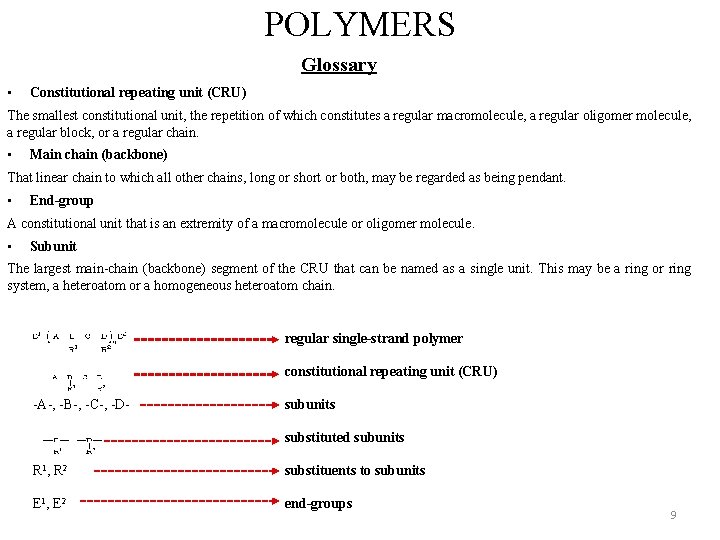 POLYMERS Glossary • Constitutional repeating unit (CRU) The smallest constitutional unit, the repetition of
