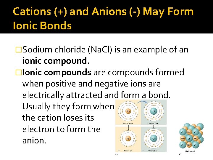 Cations (+) and Anions (-) May Form Ionic Bonds �Sodium chloride (Na. Cl) is