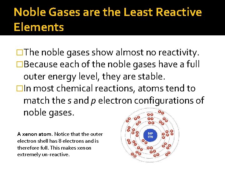 Noble Gases are the Least Reactive Elements �The noble gases show almost no reactivity.