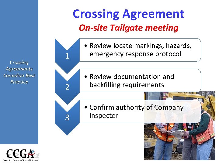 Crossing Agreement On-site Tailgate meeting Crossing Agreements Canadian Best Practice 1 • Review locate