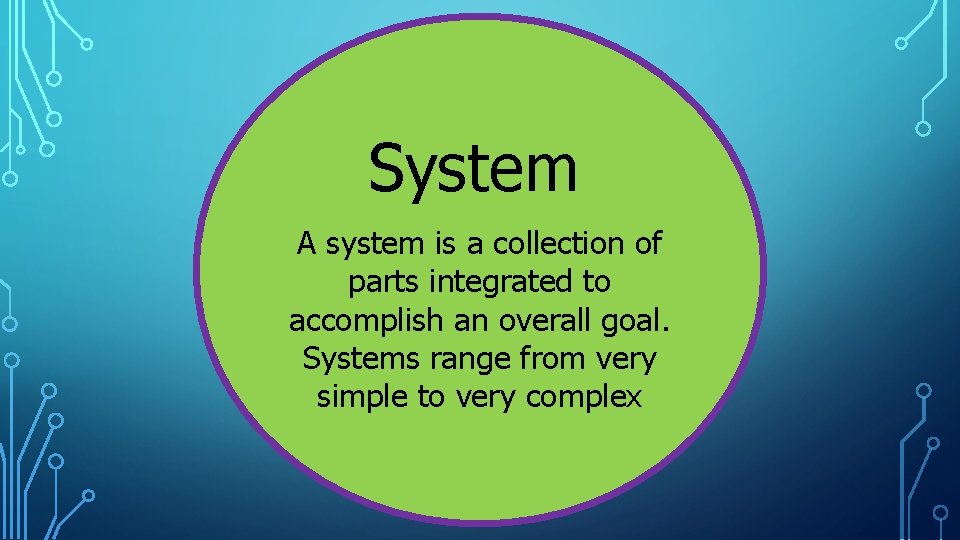 System A system is a collection of parts integrated to accomplish an overall goal. System A system is a collection of parts integrated to accomplish an overall goal.