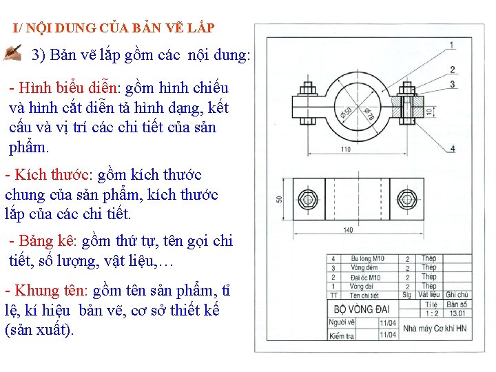 I/ NỘI DUNG CỦA BẢN VẼ LẮP 3) Bản vẽ lắp gồm các nội