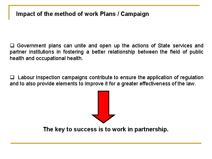Impact of the method of work Plans / Campaign q Government plans can unite