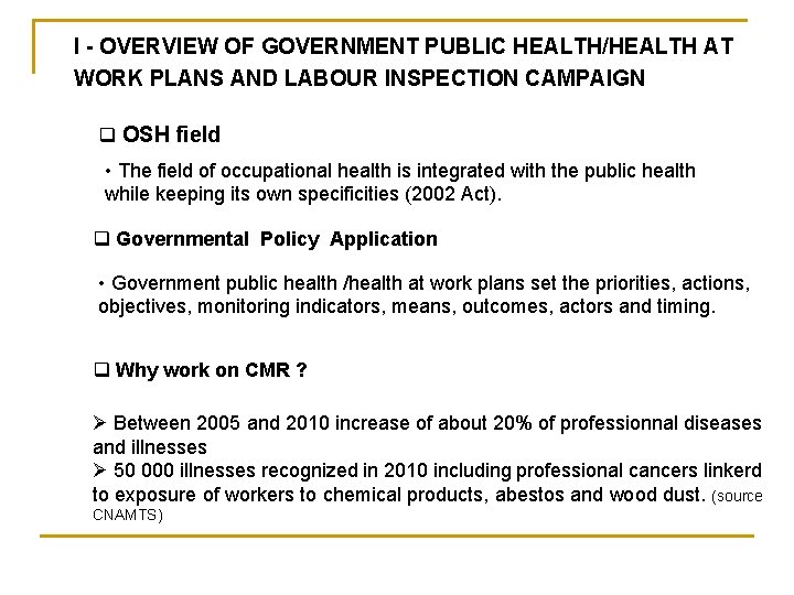 I - OVERVIEW OF GOVERNMENT PUBLIC HEALTH/HEALTH AT WORK PLANS AND LABOUR INSPECTION CAMPAIGN