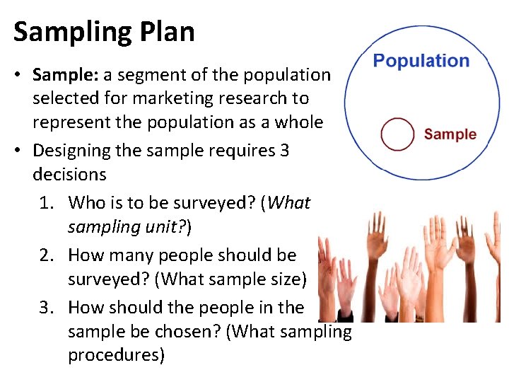 Sampling Plan • Sample: a segment of the population selected for marketing research to