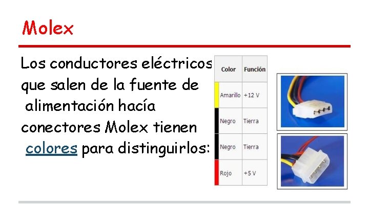 Molex Los conductores eléctricos que salen de la fuente de alimentación hacía conectores Molex