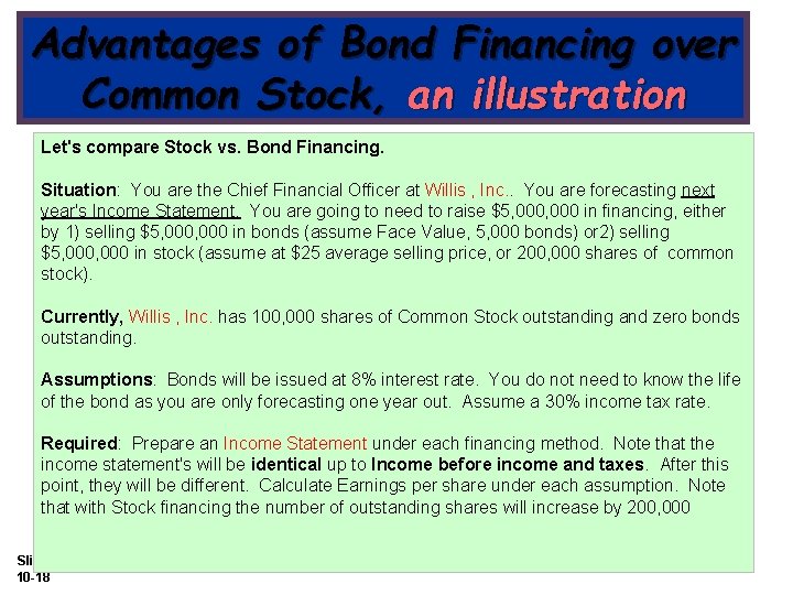 Advantages of Bond Financing over Common Stock, an illustration Let's compare Stock vs. Bond