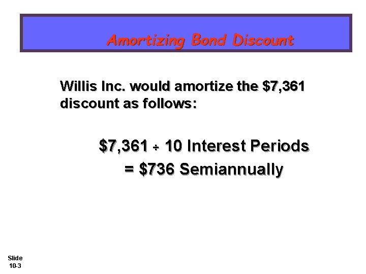 Amortizing Bond Discount Willis Inc. would amortize the $7, 361 discount as follows: $7,