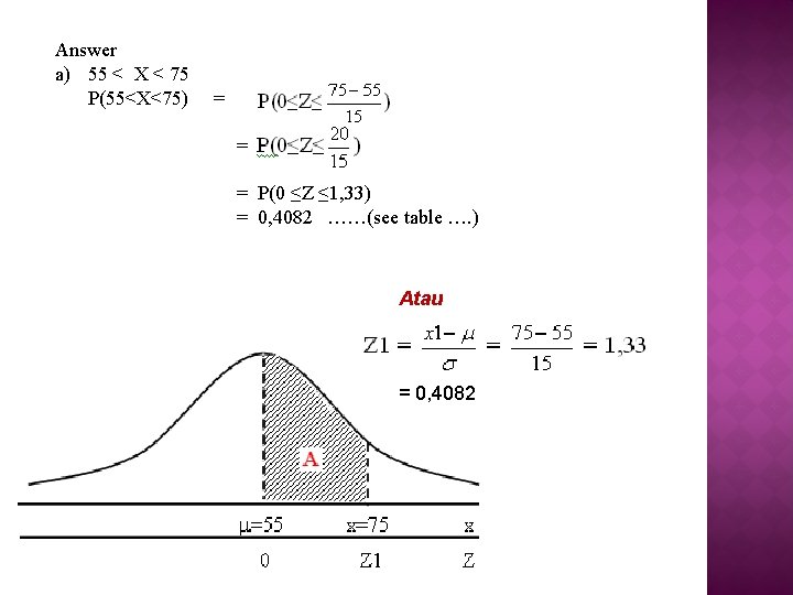 Answer a) 55 < X < 75 P(55<X<75) = = = P(0 ≤Z ≤