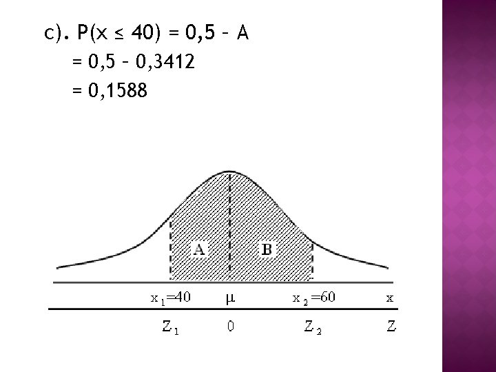 c). P(x ≤ 40) = 0, 5 – A = 0, 5 – 0,