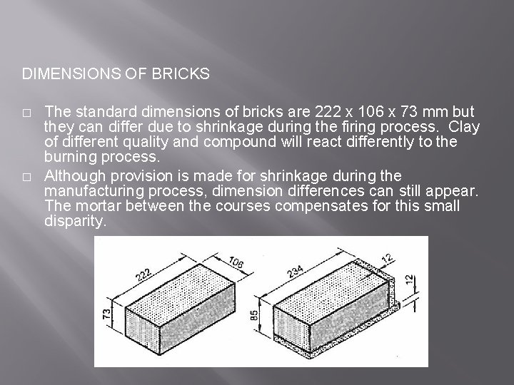 DIMENSIONS OF BRICKS � � The standard dimensions of bricks are 222 x 106
