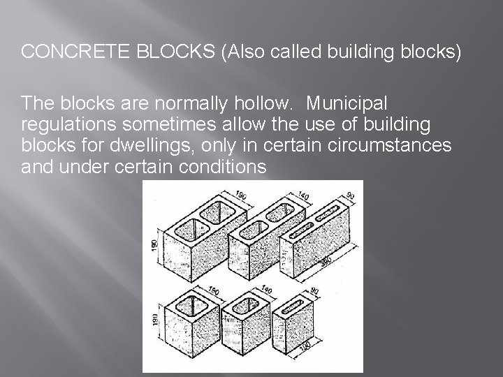 CONCRETE BLOCKS (Also called building blocks) The blocks are normally hollow. Municipal regulations sometimes