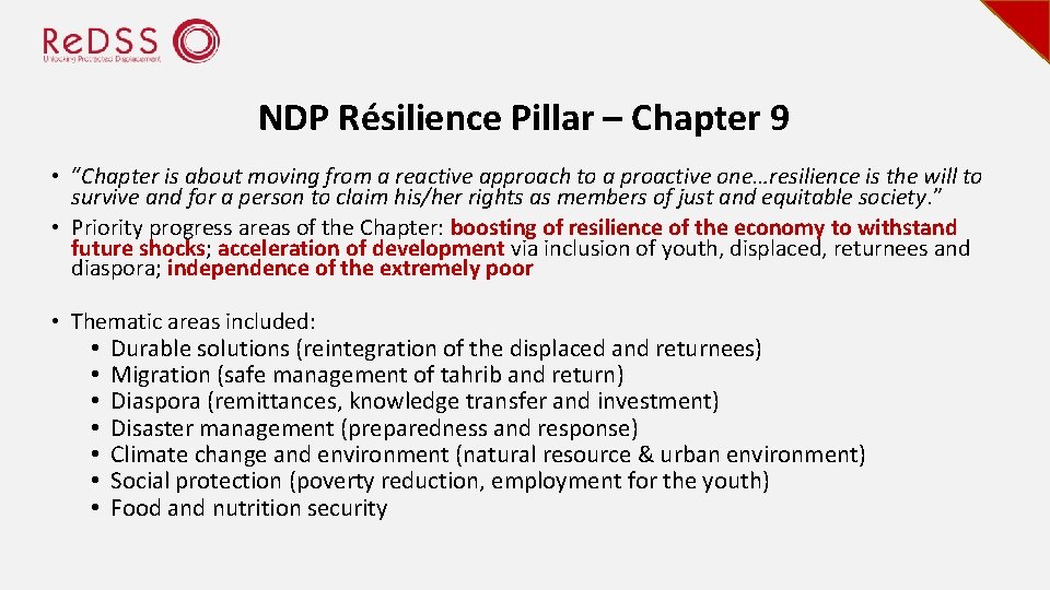 NDP Résilience Pillar – Chapter 9 • “Chapter is about moving from a reactive