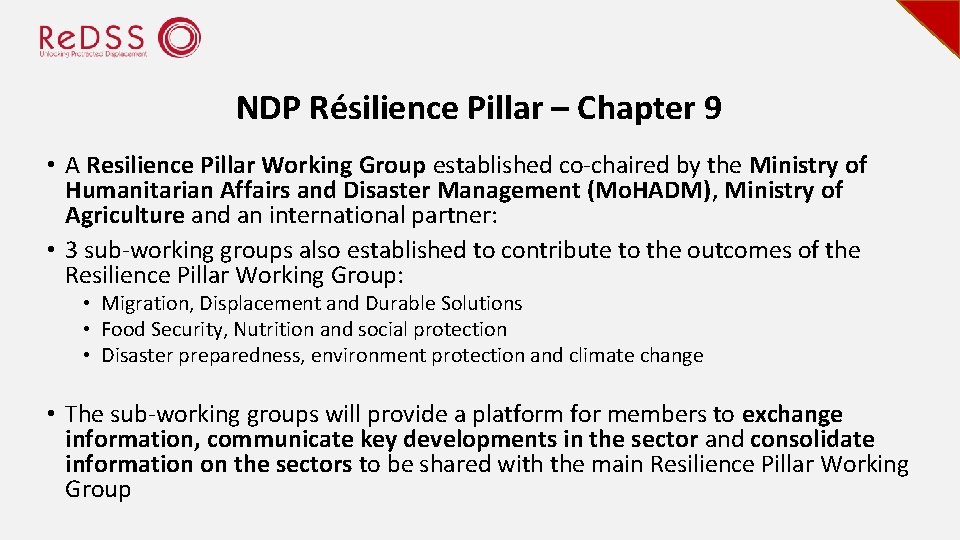 NDP Résilience Pillar – Chapter 9 • A Resilience Pillar Working Group established co-chaired