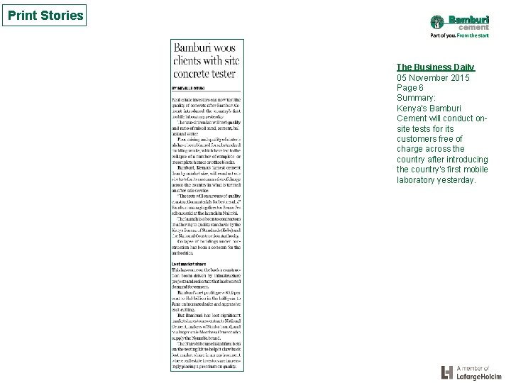 Print Stories The Business Daily 05 November 2015 Page 6 Summary: Kenya's Bamburi Cement