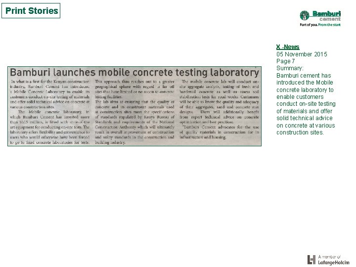 Print Stories X -News 05 November 2015 Page 7 Summary: Bamburi cement has introduced