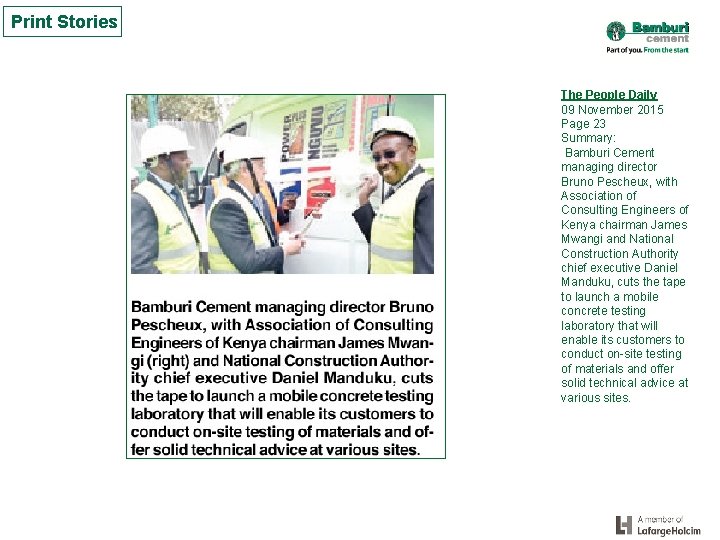 Print Stories The People Daily 09 November 2015 Page 23 Summary: Bamburi Cement managing