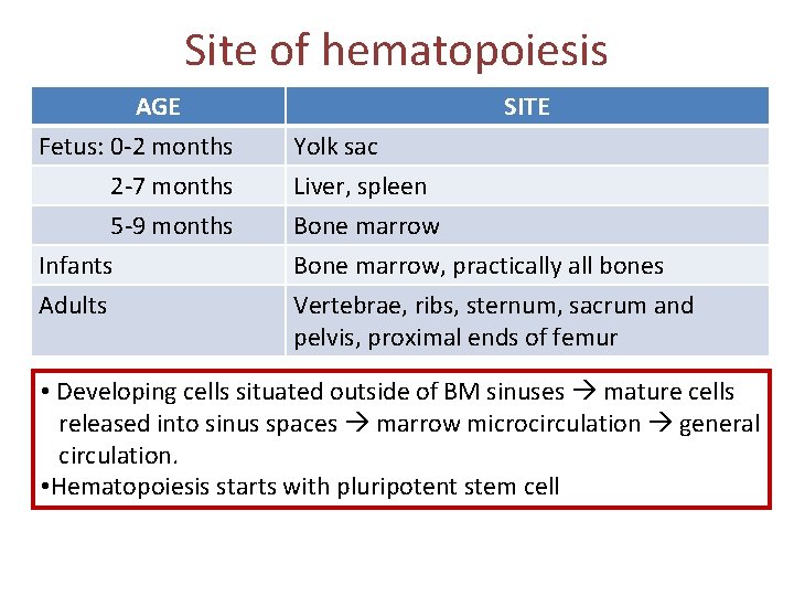 Site of hematopoiesis AGE Fetus: 0 -2 months 2 -7 months 5 -9 months