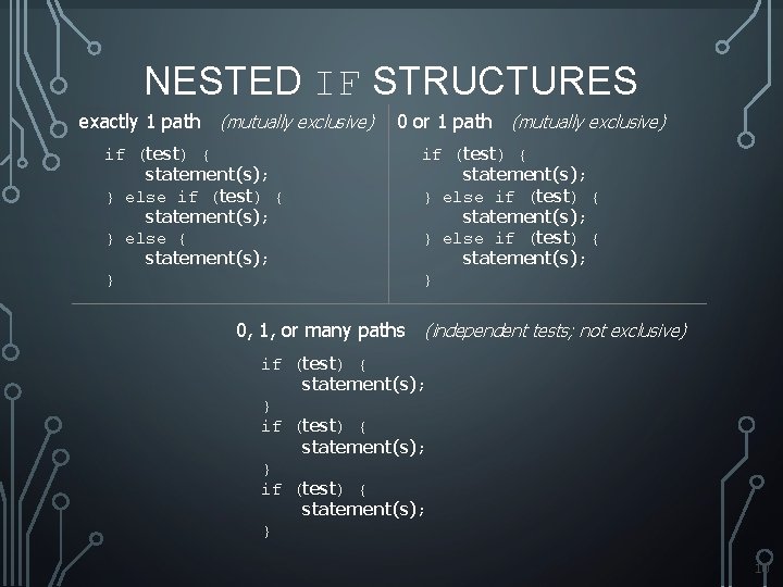 NESTED IF STRUCTURES exactly 1 path (mutually exclusive) if (test) { statement(s); } else NESTED IF STRUCTURES exactly 1 path (mutually exclusive) if (test) { statement(s); } else