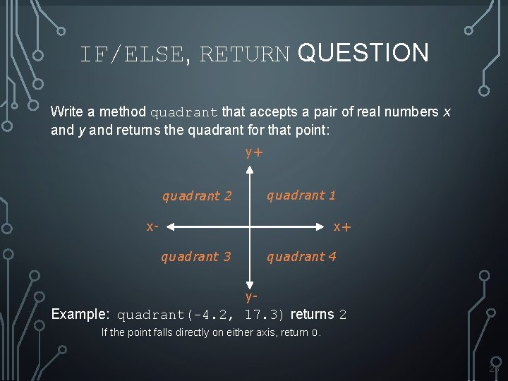 IF/ELSE, RETURN QUESTION Write a method quadrant that accepts a pair of real numbers IF/ELSE, RETURN QUESTION Write a method quadrant that accepts a pair of real numbers
