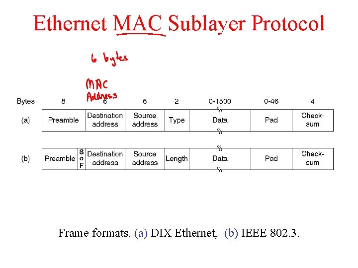 Ethernet MAC Sublayer Protocol Frame formats. (a) DIX Ethernet, (b) IEEE 802. 3. 