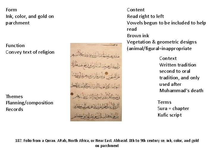 Form Ink, color, and gold on parchment Function Convey text of religion Themes Planning/composition