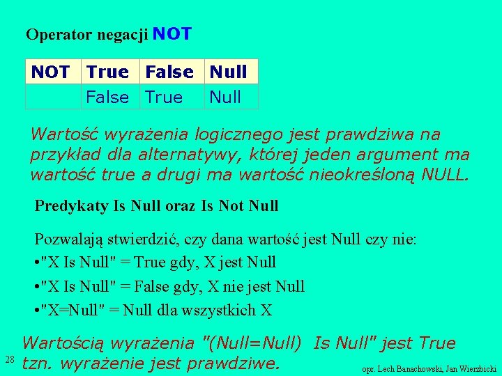 Operator negacji NOT True False Null False True Null Wartość wyrażenia logicznego jest prawdziwa